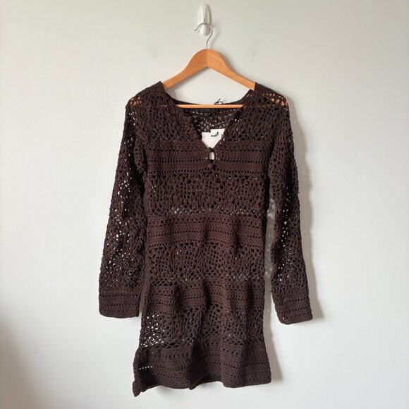 Zara Crochet Knit Long Sleeve Mini Dress NWT Brown Size Small - Picture 8 of 12